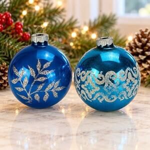 Vintage Shiny Brite Christmas Glass Ball Ornaments Blue Set of 2 USA